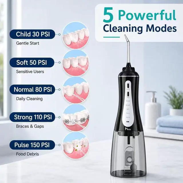 Alt view image 4 of 7 - Water Dental Flosser Oral Irrigator with 5 Modes, 350ml Cordless Water Teeth Cleaner Pick 6 Tips, IPX7 Waterproof Rechargeable Portable Powerful Battery for Travel & Home Braces & Bridges Care