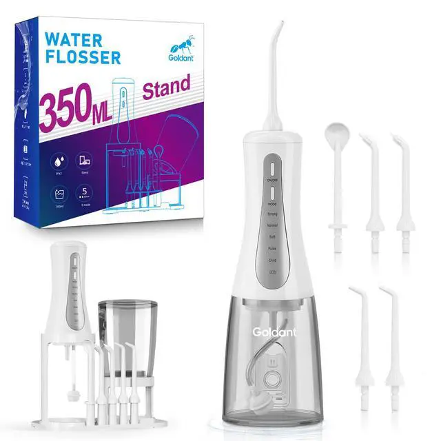 Main image of 2026 New 350ML Water Flosser with Drainage & Storage Stand, Keeps Dry & Clean, 5 Modes, 360°Nozzle, Cordless Rechargeable, IPX7 Waterproof, Portable for Home & Travel (White)