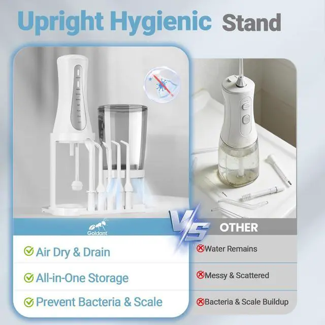 Alt view image 2 of 7 - 2026 New 350ML Water Flosser with Drainage & Storage Stand, Keeps Dry & Clean, 5 Modes, 360°Nozzle, Cordless Rechargeable, IPX7 Waterproof, Portable for Home & Travel (White)
