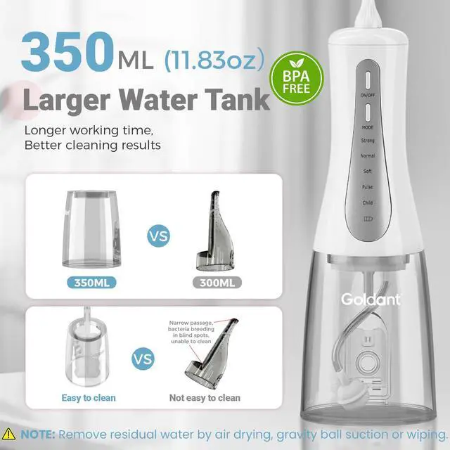 Alt view image 4 of 7 - 2026 New 350ML Water Flosser with Drainage & Storage Stand, Keeps Dry & Clean, 5 Modes, 360°Nozzle, Cordless Rechargeable, IPX7 Waterproof, Portable for Home & Travel (White)