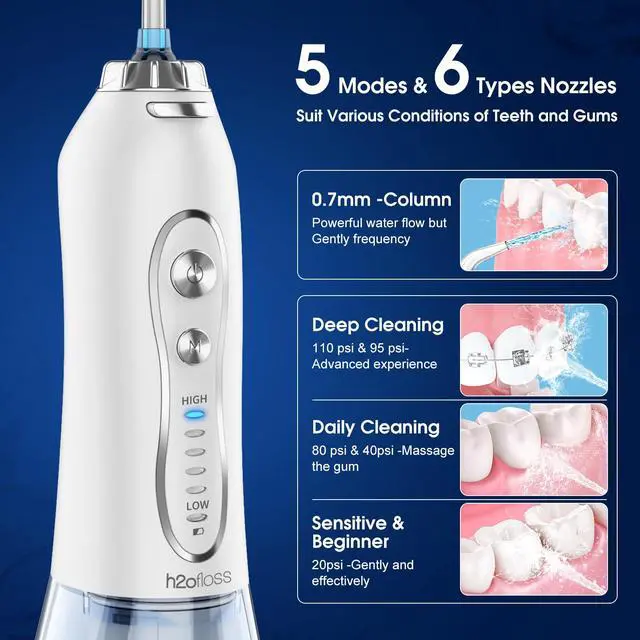 Alt view image 3 of 7 - Water Dental Flosser Portable Dental Oral Irrigator with 5 Modes, 6 Replaceable Jet Tips, Rechargeable IPX7 Waterproof Teeth Cleaner for Home and Travel -300ml Detachable Reservoir (HF-6)