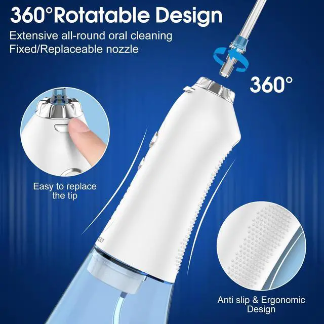 Alt view image 4 of 7 - Water Dental Flosser Portable Dental Oral Irrigator with 5 Modes, 6 Replaceable Jet Tips, Rechargeable IPX7 Waterproof Teeth Cleaner for Home and Travel -300ml Detachable Reservoir (HF-6)