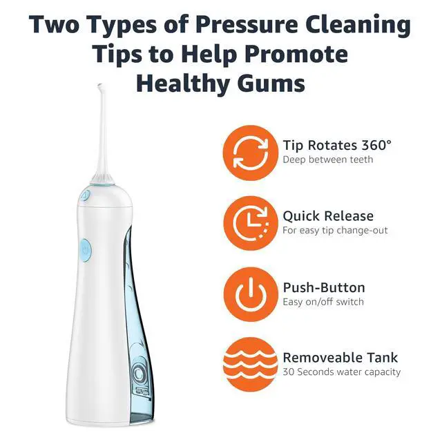 Alt view image 3 of 7 - HydroClean Portable Cordless Water Flosser for Teeth and Gums, 2 Pressure Tips, Removable Tank, 30 Seconds Water Capacity, 2 AA Batteries Included