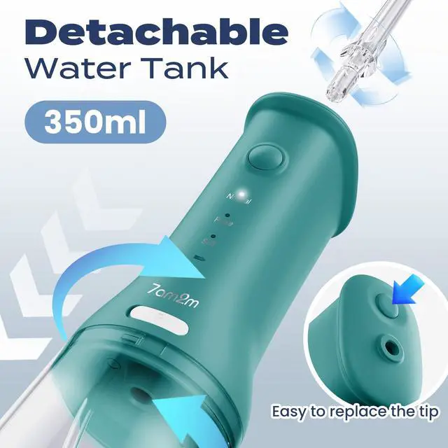 Alt view image 4 of 7 - Cordless Portable Water Flosser, IPX7 Waterproof Oral Irrigator with 3 Modes & 4 Jet Tips, Fast Rechargeable Dental Flosser for Home and Travel Use,Peacock Green