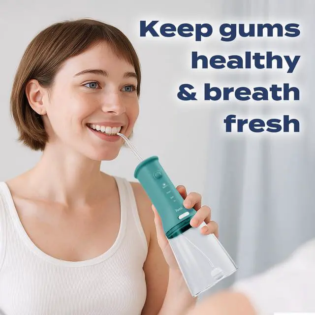 Alt view image 6 of 7 - Cordless Portable Water Flosser, IPX7 Waterproof Oral Irrigator with 3 Modes & 4 Jet Tips, Fast Rechargeable Dental Flosser for Home and Travel Use,Peacock Green