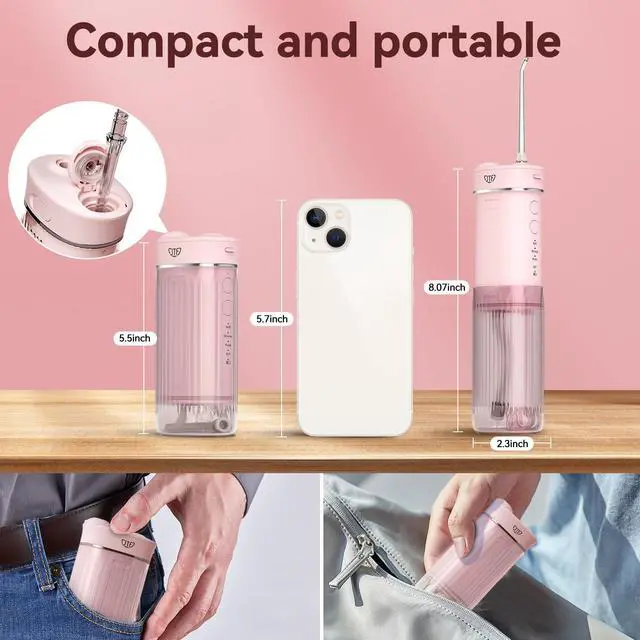 Alt view image 2 of 7 - Portable Water Flosser for Travel: Compact Mini Design, 3 Modes & 8 DIY Pressure Levels for Sensitive Teeth & Braces - with 5 Nozzles & Removable 230ml Tank, Cordless Oral Irrigator for On-The-Go
