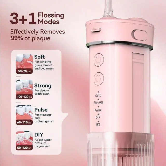 Alt view image 3 of 7 - Portable Water Flosser for Travel: Compact Mini Design, 3 Modes & 8 DIY Pressure Levels for Sensitive Teeth & Braces - with 5 Nozzles & Removable 230ml Tank, Cordless Oral Irrigator for On-The-Go