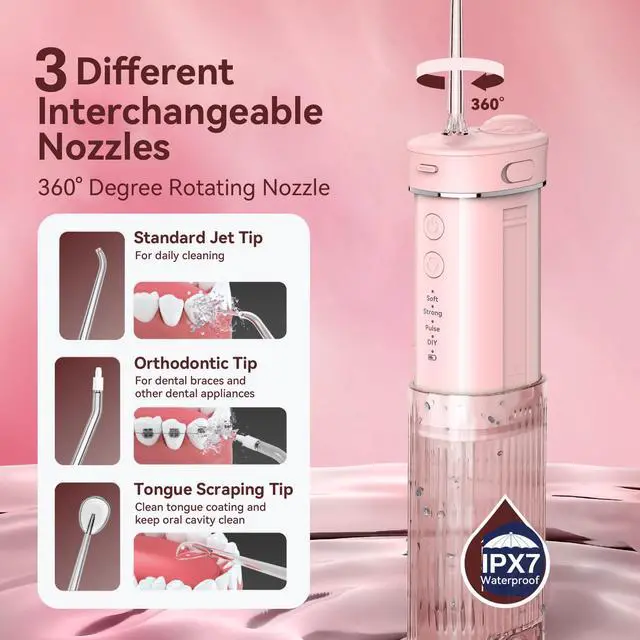 Alt view image 4 of 7 - Portable Water Flosser for Travel: Compact Mini Design, 3 Modes & 8 DIY Pressure Levels for Sensitive Teeth & Braces - with 5 Nozzles & Removable 230ml Tank, Cordless Oral Irrigator for On-The-Go