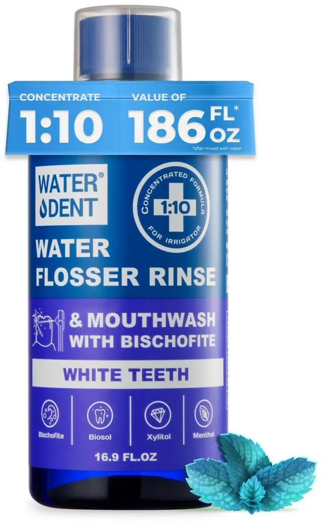 Main image of Water Flosser Rinse, Solution, Additive & Mouthwash for Teeth Whitening Compatible with Waterpik & All Oral Irrigators, Concentrated, Gentle Peroxide, Alcohol Free, Mint, 16.9 fl oz
