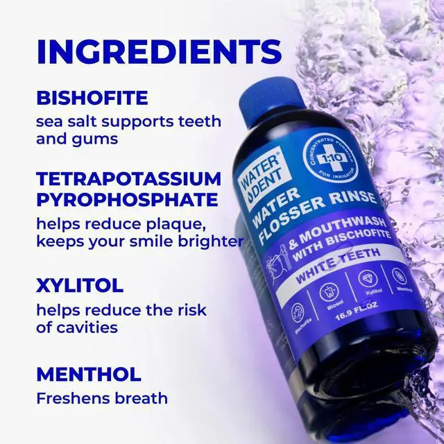 Alt view image 4 of 7 - Water Flosser Rinse, Solution, Additive & Mouthwash for Teeth Whitening Compatible with Waterpik & All Oral Irrigators, Concentrated, Gentle Peroxide, Alcohol Free, Mint, 16.9 fl oz