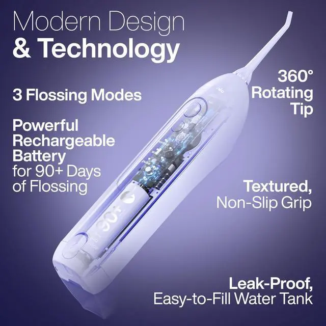 Alt view image 3 of 6 - Icon Water Flosser for Teeth Cordless Rechargeable Oral Irrigator Waterproof, Portable Dental Cleaning with Jet Tip Braces Home Travel - Lilac