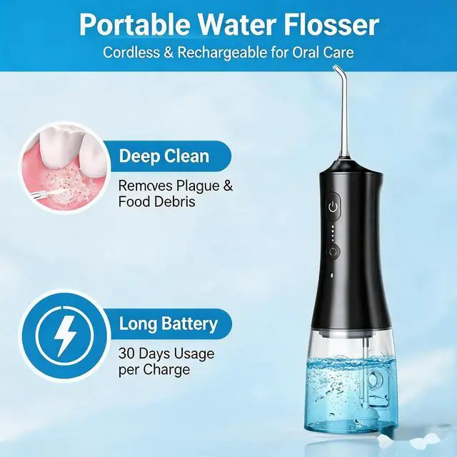 Alt view image 2 of 7 - 4-Mode Cordless Oral Irrigator, 300ML Portable Water Flosser, IPX7 Waterproof Rechargeable Dental Flosser for Home Travel, Black with 4 Replacement Tips