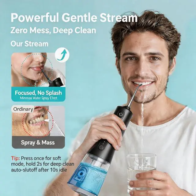 Alt view image 3 of 7 - 4-Mode Cordless Oral Irrigator, 300ML Portable Water Flosser, IPX7 Waterproof Rechargeable Dental Flosser for Home Travel, Black with 4 Replacement Tips
