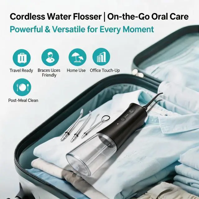Alt view image 4 of 7 - 4-Mode Cordless Oral Irrigator, 300ML Portable Water Flosser, IPX7 Waterproof Rechargeable Dental Flosser for Home Travel, Black with 4 Replacement Tips