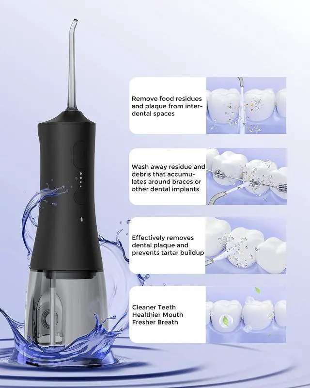 Alt view image 5 of 7 - 4-Mode Cordless Oral Irrigator, 300ML Portable Water Flosser, IPX7 Waterproof Rechargeable Dental Flosser for Home Travel, Black with 4 Replacement Tips