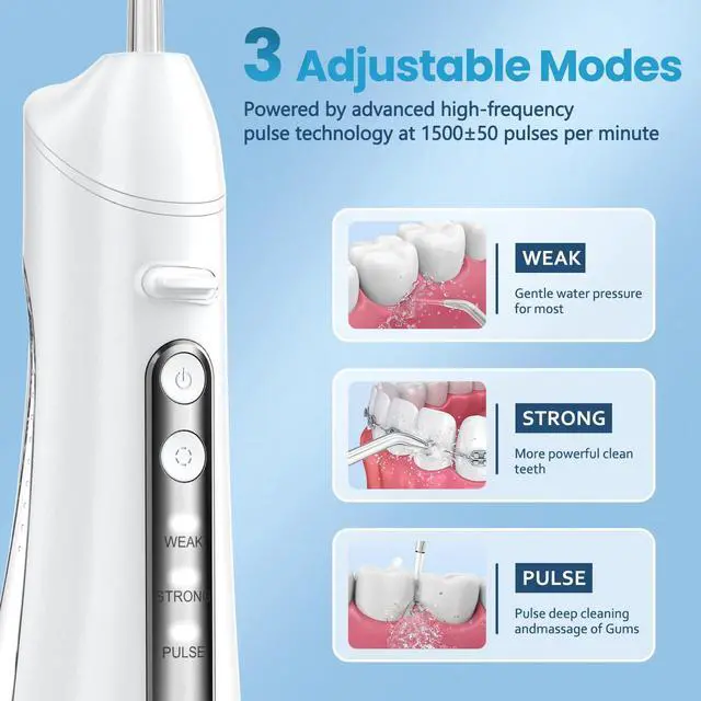 Alt view image 4 of 7 - Water Flosser, Water Dental Flosser Pick for Teeth, IPX7 Waterproof Oral Irrigator, 3 Modes 4 Replaceable Jet Tips, Professional Flossing Cleaning Picks for Home Travel Gums, Braces Care
