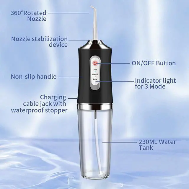 Alt view image 5 of 7 - Water-Flosser-Cordless-Teeth-Cleaner Water Dental Flosser with 3 Modes 4 Jets Rechargeable IPX7 Waterproof for Travel Home Braces(Black)
