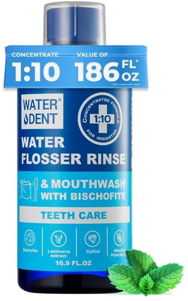 Main image of Water Flosser Rinse & Mouthwash for Teeth Care Compatible with Waterpik & All Oral Irrigators, Concentrated, Alcohol & Fluoride Free, Mint Updated, 16.9 Fl Oz (Pack of 1)