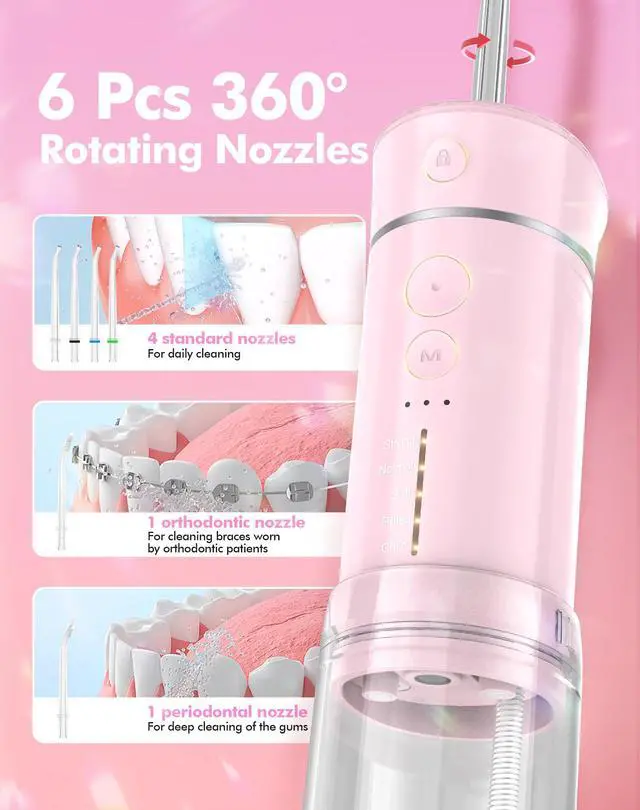 Alt view image 6 of 7 - Water Flosser Mini Cordless Portable, 180ML Telescopic Water Tank & 5 Modes Travel Water Dental Floss with 6 Jet Tips