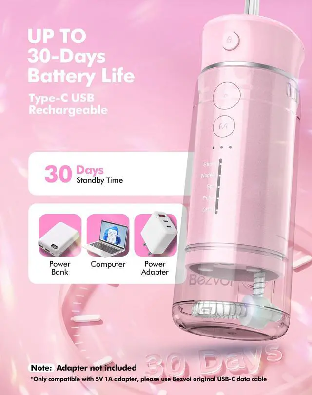 Alt view image 5 of 7 - Water Flosser Mini Cordless Portable, 180ML Telescopic Water Tank & 5 Modes Travel Water Dental Floss with 6 Jet Tips
