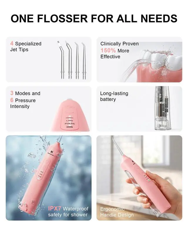 Alt view image 2 of 7 - Cordless Water Flosser - 6 Pressure Settings with 3 Modes, 220ml Compact Ergonomic Design, 30 Days Long Battery, IPX7 Waterproof Portable Oral Irrigator for Teeth, Gums & Braces (Pink)