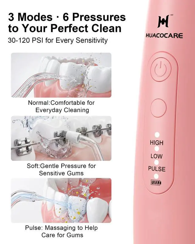 Alt view image 4 of 7 - Cordless Water Flosser - 6 Pressure Settings with 3 Modes, 220ml Compact Ergonomic Design, 30 Days Long Battery, IPX7 Waterproof Portable Oral Irrigator for Teeth, Gums & Braces (Pink)