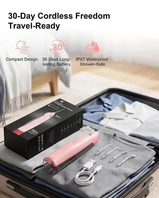 Alt view image 5 of 7 - Cordless Water Flosser - 6 Pressure Settings with 3 Modes, 220ml Compact Ergonomic Design, 30 Days Long Battery, IPX7 Waterproof Portable Oral Irrigator for Teeth, Gums & Braces (Pink)