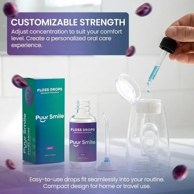 Alt view image 2 of 7 - Concentrated Floss Drop Serum 2oz Concentrated Mouth Wash to Use in Water Flosser | Natural Essentials Promotes Good Breath | Organic Drop Provides Good Oral Health (Grape Flavor)