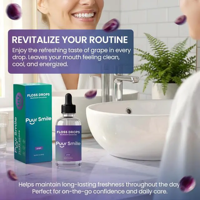 Alt view image 3 of 7 - Concentrated Floss Drop Serum 2oz Concentrated Mouth Wash to Use in Water Flosser | Natural Essentials Promotes Good Breath | Organic Drop Provides Good Oral Health (Grape Flavor)