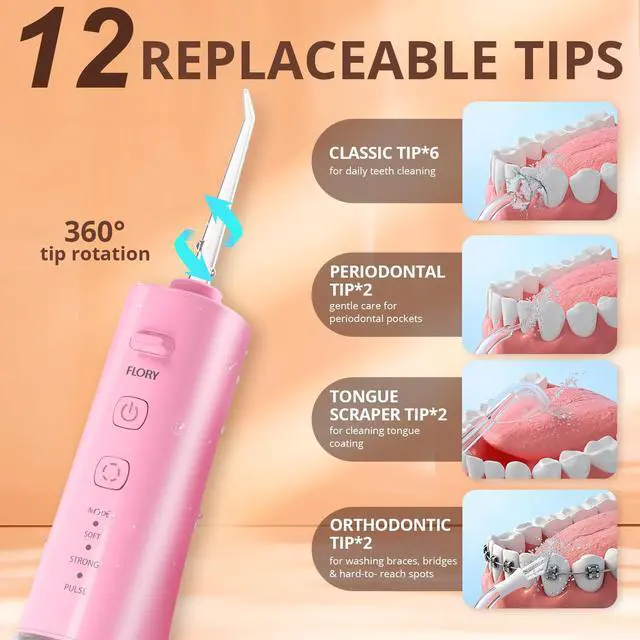 Alt view image 2 of 7 - 2 Pack Water Flosser for Teeth, Portable Cordless Water Dental for Couples, Travel Water Flossers with 3 Modes and 12 Tips, Rechargeable & IPX7 Waterproof, Travel Portable Dental Cleaner (Black&Pink)