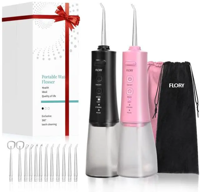 Main image of 2 Pack Water Flosser for Teeth, Portable Cordless Water Dental for Couples, Travel Water Flossers with 3 Modes and 12 Tips, Rechargeable & IPX7 Waterproof, Travel Portable Dental Cleaner (Black&Pink)