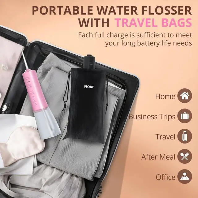 Alt view image 5 of 7 - 2 Pack Water Flosser for Teeth, Portable Cordless Water Dental for Couples, Travel Water Flossers with 3 Modes and 12 Tips, Rechargeable & IPX7 Waterproof, Travel Portable Dental Cleaner (Black&Pink)