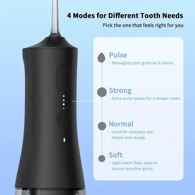 Alt view image 2 of 5 - Water Picks for Teeth Cleaning and Flossing, Cordless Water Flosser with 4 Jet Tips, IPX7 Waterproof, 300ML Portable Water Flossers for Teeth, 4 Modes Water Flosser for Travel and Oral Care, Black