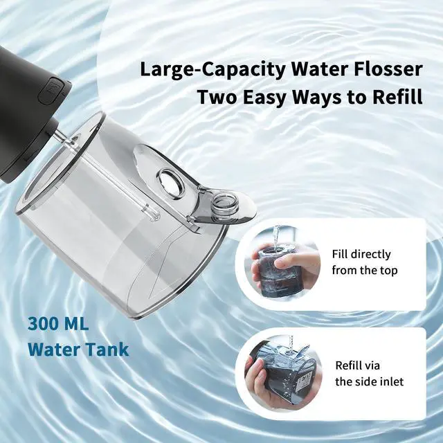 Alt view image 4 of 5 - Water Picks for Teeth Cleaning and Flossing, Cordless Water Flosser with 4 Jet Tips, IPX7 Waterproof, 300ML Portable Water Flossers for Teeth, 4 Modes Water Flosser for Travel and Oral Care, Black