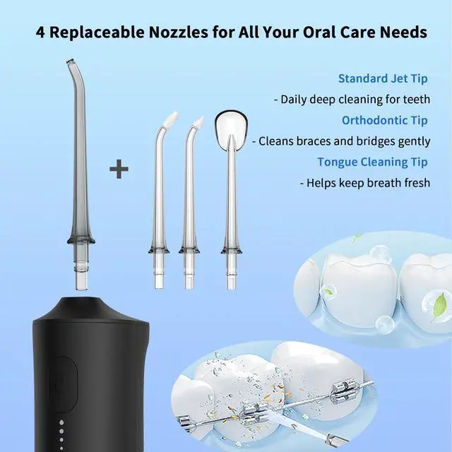 Alt view image 5 of 5 - Water Picks for Teeth Cleaning and Flossing, Cordless Water Flosser with 4 Jet Tips, IPX7 Waterproof, 300ML Portable Water Flossers for Teeth, 4 Modes Water Flosser for Travel and Oral Care, Black