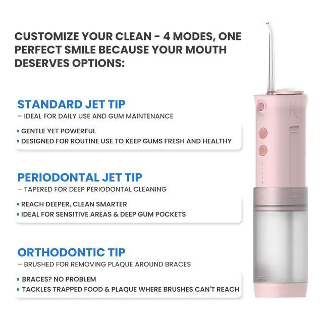 Alt view image 3 of 6 - Portable Dental Water Flosser for Teeth, Gums, Braces, Travel-Friendly Oral Irrigator, Dentist Approved, 95-Day Charge (Pink)