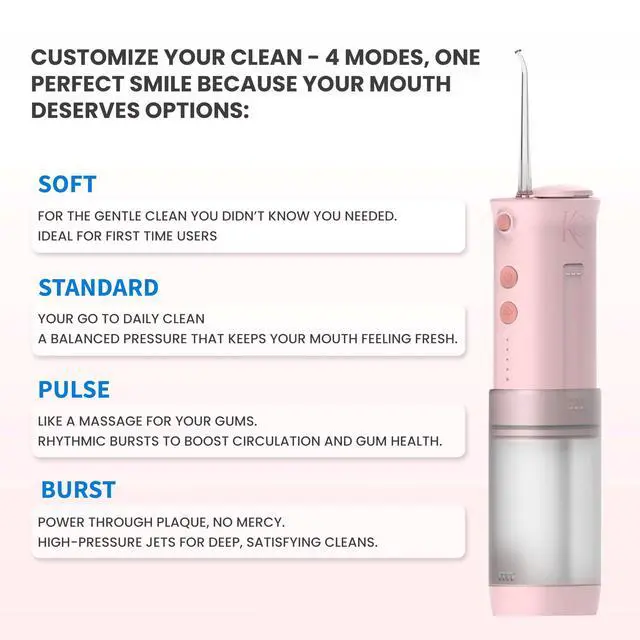 Alt view image 2 of 6 - Portable Dental Water Flosser for Teeth, Gums, Braces, Travel-Friendly Oral Irrigator, Dentist Approved, 95-Day Charge (Pink)