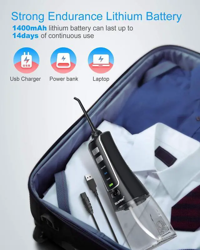 Alt view image 5 of 7 - Cordless and Rechargeable Water Flosser - 300ML Water Tank Oral Irrigator, 4 Jet Tips, 3 Pressure Modes - IPX7 Waterproof and Travel Friendly for Dental Care