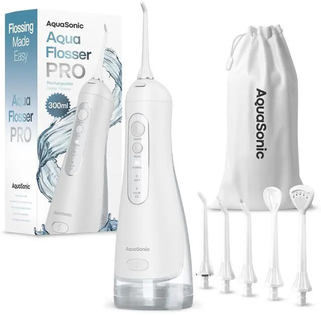 Main image of Aqua Flosser PRO - Rechargeable Electric Cordless Water Flosser for Teeth, Gums & Tongue - Waterproof Modern Design, 300ml Large Tank, 3 Modes, 6 Jet Tips, Deluxe Tongue Nozzle - Optic White
