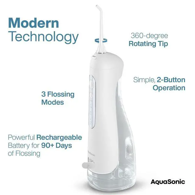 Alt view image 4 of 7 - Aqua Flosser PRO - Rechargeable Electric Cordless Water Flosser for Teeth, Gums & Tongue - Waterproof Modern Design, 300ml Large Tank, 3 Modes, 6 Jet Tips, Deluxe Tongue Nozzle - Optic White