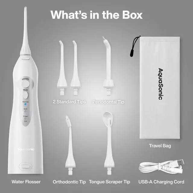 Alt view image 6 of 7 - Aqua Flosser PRO - Rechargeable Electric Cordless Water Flosser for Teeth, Gums & Tongue - Waterproof Modern Design, 300ml Large Tank, 3 Modes, 6 Jet Tips, Deluxe Tongue Nozzle - Optic White