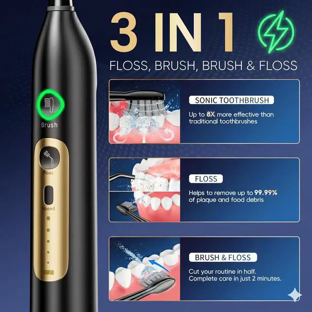 Alt view image 2 of 7 - Electric Toothbrush with Water Flosser, 5 Speeds & 3 Modes, Black