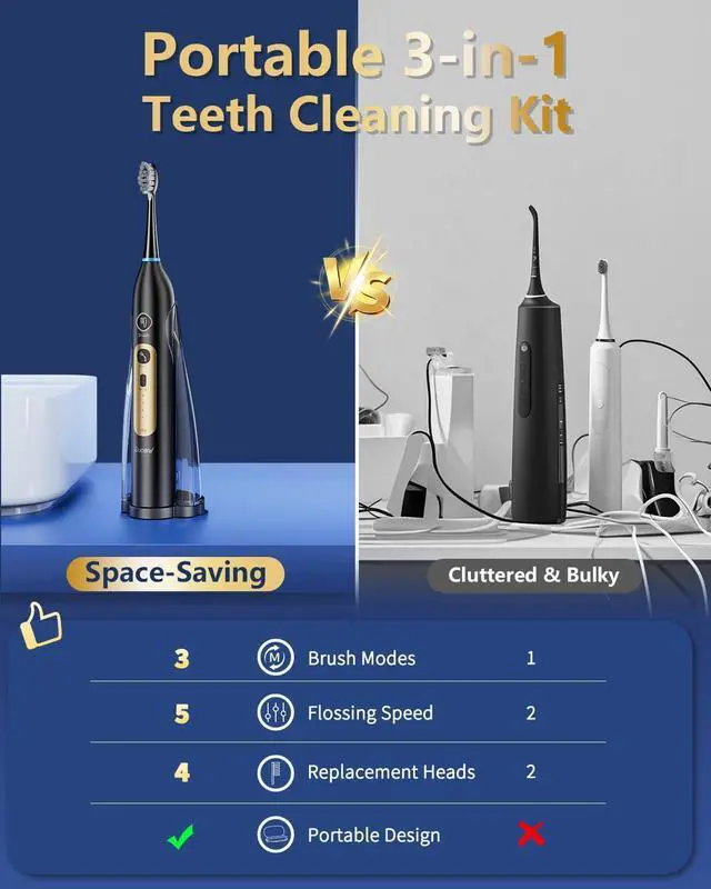 Alt view image 4 of 7 - Electric Toothbrush with Water Flosser, 5 Speeds & 3 Modes, Black