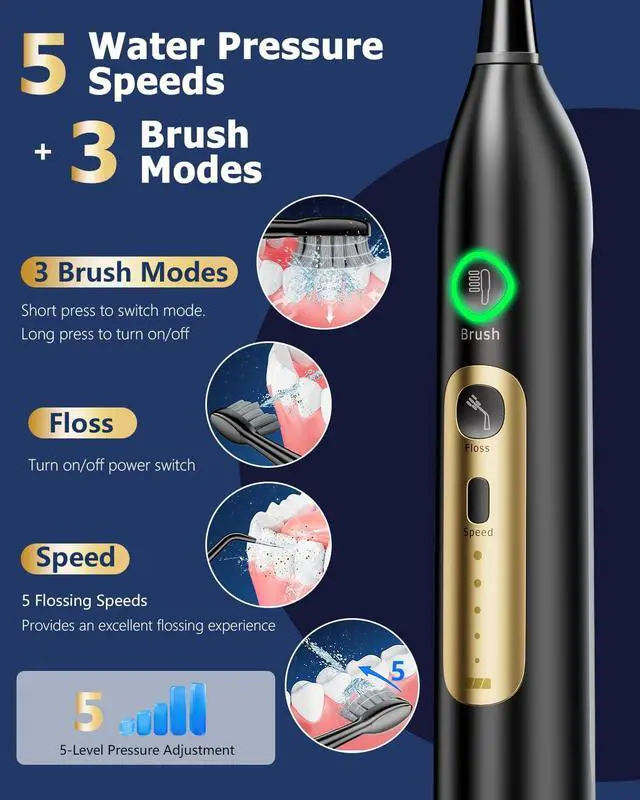 Alt view image 5 of 7 - Electric Toothbrush with Water Flosser, 5 Speeds & 3 Modes, Black