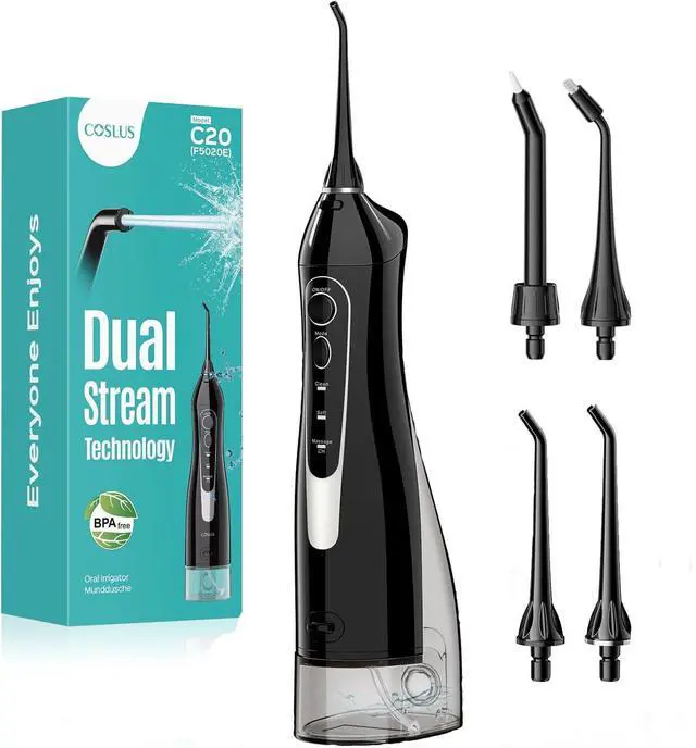 Main image of ADA Accepted Water Dental Flosser Teeth Pick C20: Portable Cordless Oral Irrigator 300ML Rechargeable Travel Irrigation Cleaner IPX7 Waterproof Electric Flossing Machine, Standard Set Black