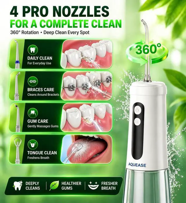 Alt view image 6 of 7 - Cordless Water Flosser for Teeth & Braces | Built-in Light for Self-Cleaning | Portable Oral Irrigator Rechargeable & Waterproof | Travel Pouch Bag |18 Pressure Settings for Sensetive Gums