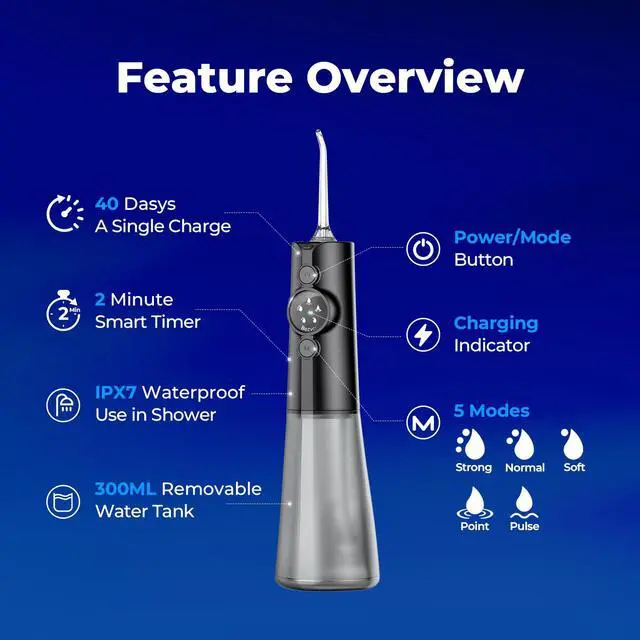 Alt view image 3 of 7 - Cordless Water Flosser for Braces, LED Display 5 Modes, 300ML Tank, 6 Tips