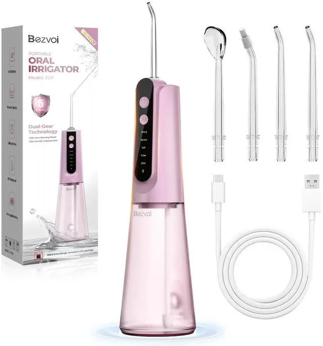 Main image of Portable Water Flosser for Teeth: Gum-Sensitive Friendly, Dual-Gear Motor Technology Irrigator Dental Pick with 5 Modes for Braces & Orthodontic, IPX7 Waterproof, Cordless for Travel, Pink