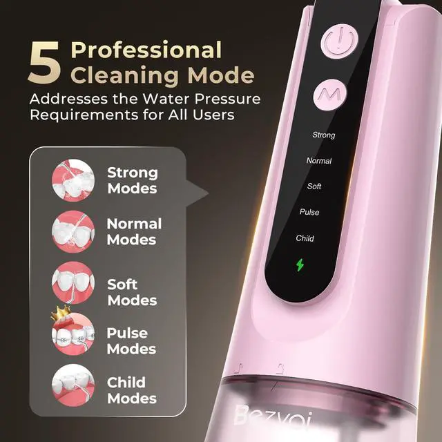 Alt view image 3 of 7 - Portable Water Flosser for Teeth: Gum-Sensitive Friendly, Dual-Gear Motor Technology Irrigator Dental Pick with 5 Modes for Braces & Orthodontic, IPX7 Waterproof, Cordless for Travel, Pink