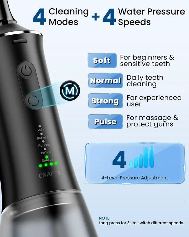 Alt view image 4 of 7 - Cordless Water Flosser, U-Shaped Nozzle, 350ML Tank, 4 Modes